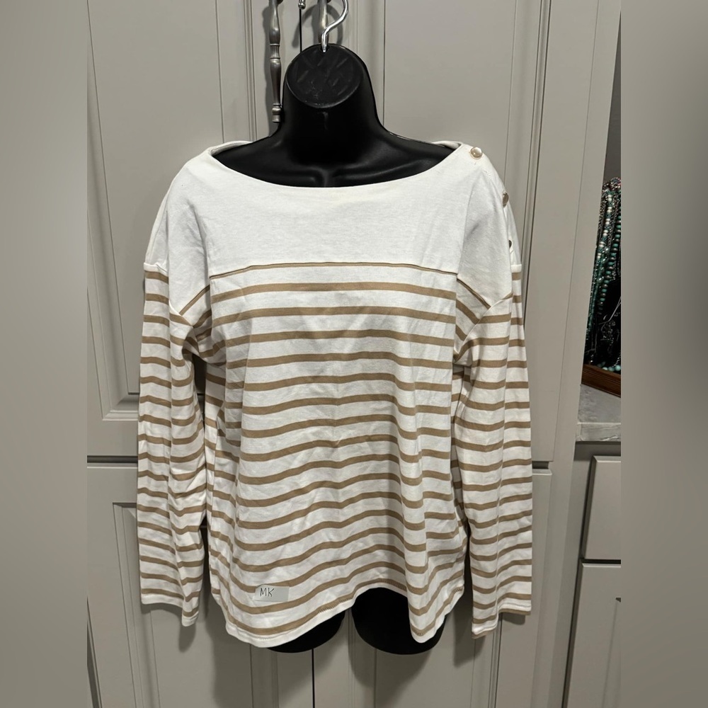 Martha Stewart Women's Striped Tan White Top LARGE
